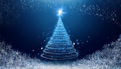 Abstract Christmas Tree Formed By Sparkling Blue And White Particle Trails With A Bright Star Topper Surrounded By Falling Snowflakes And Bokeh On A Dark Blue Winter Background