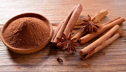 Hot Chocolate Ingredients Cinnamon And Star Anise On Wood