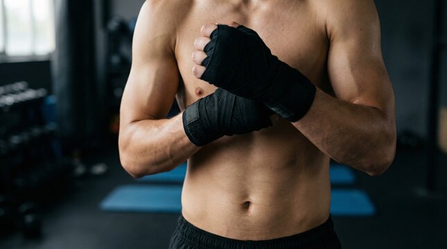 Shirtless Muscular Man Wrapping Hands with Black Boxing Wraps in Gym
