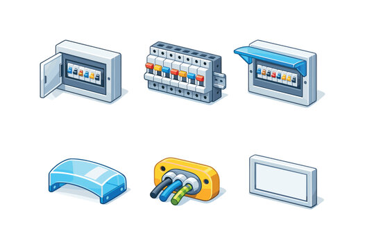Electrical fuse box. Isometric flat vector icons set of electrical fuse box: wall-mounted fuse box, modular fuse panel, distribution board,