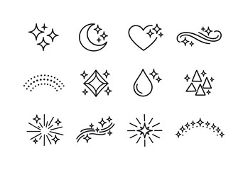Fototapeta premium Glitter Patterns and Accents. Line icon set of Glitter Patterns and Accents: star glitter shape, moon and glitter design, heart sparkle,