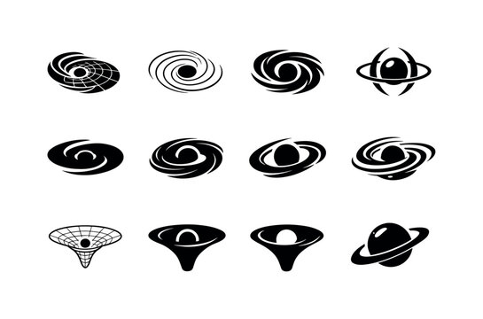 The role of gravity in space and astrophysics. Icon set. Set Logo of the role of gravity in space and astrophysics: black hole symbol.