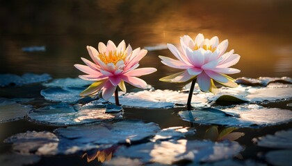 Two Beautiful Water Lilies Blooming On A Pond