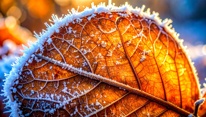 Close-up of a frosted autumn leaf glistening in the warm golden light of a winter sunrise, showcasing delicate ice crystals along its vibrant veins and edges.