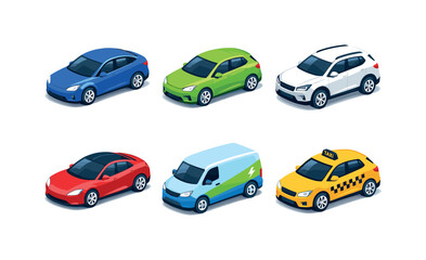 Fototapeta premium Electric cars. Isometric flat vector icons set of electric cars: electric sedan, electric hatchback, electric SUV, electric sports car,