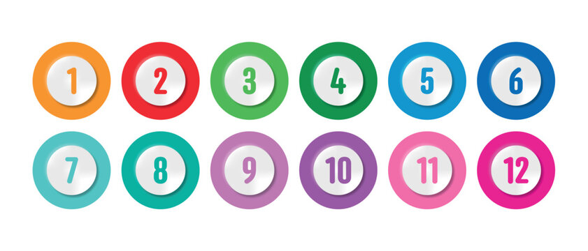 Numbers 1-12 for business and education on a white background. Concept of numbers 1-12 inside colored circles