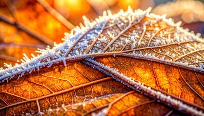 Close-up of a frosty autumn leaf glowing with golden light, showcasing the delicate veins and intricate patterns in a serene winter morning.