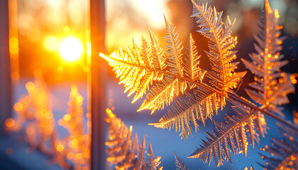 Intricate golden frost patterns on a windowpane glow brilliantly, backlit by a vibrant, blurred orange sunset, evoking the serene beauty of a cold winter evening.