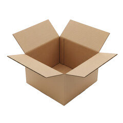 Open cardboard box with flaps up and empty interior isolated on transparent background