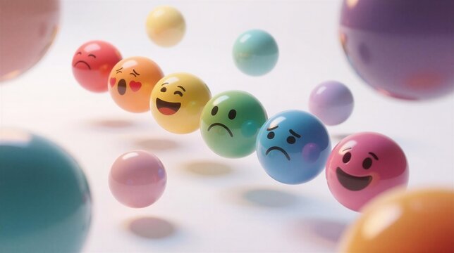 Vibrant emoji spheres floating in a soft light, expressing joy and emotions, perfect for social media content.