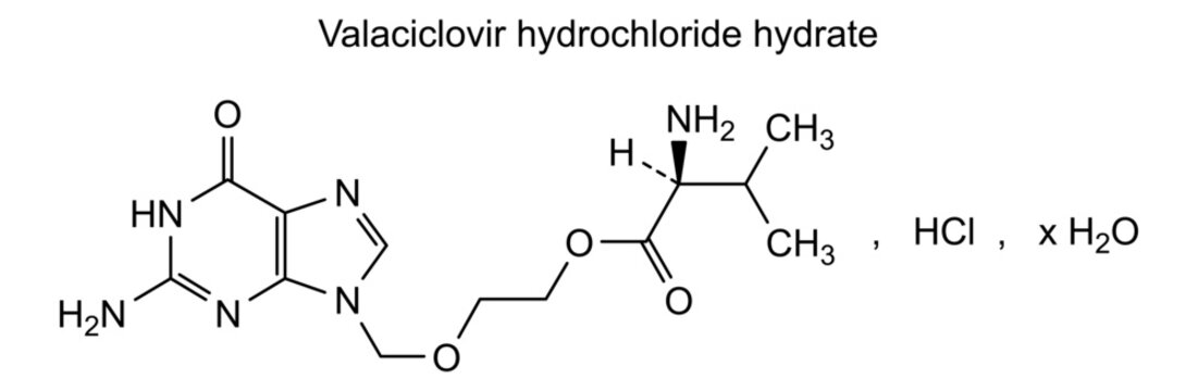 Valaciclovir hydrochloride hydrate, chemical structure of valaciclovir hydrochloride hydrate, drug substance
