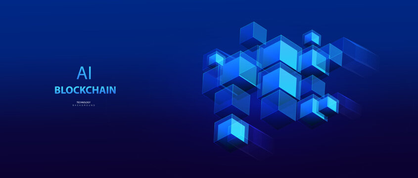 AI isometric blockchain connected concept. Blue block network design. Transparent cubes big data design. Ai chain technology banner. Science and business working.