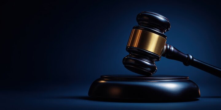 Judge's wooden gavel and sound block on a dark blue background with copy space
