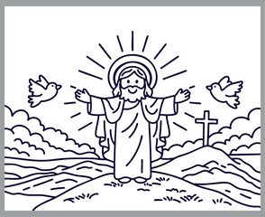 Jesus Christ Line Art Illustration with Doves and Cross, Christian Faith Outline Drawing, Religious Coloring Page Style Vector