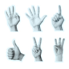 Obraz premium Set of hand gesture silhouettes in white halftone texture on white background, retro pop art style.