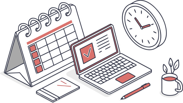 Isometric depiction of time management tools including a laptop calendar and clock on a desk