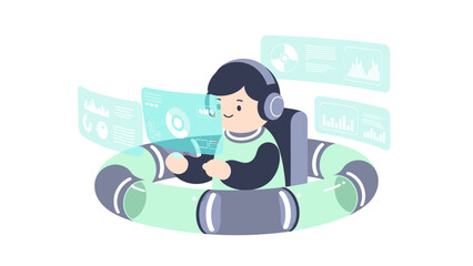 Fototapeta premium Woman Wearing Headphones Sitting in a Gaming Chair.
