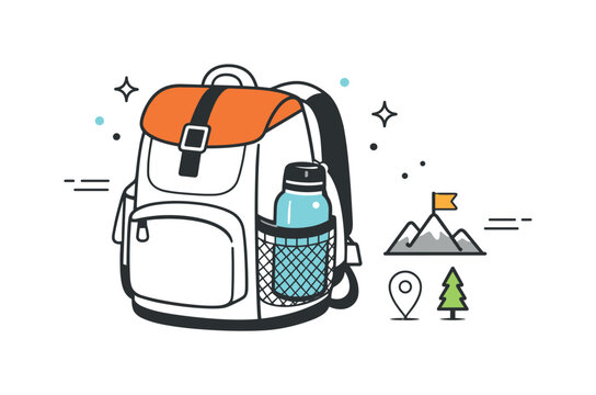 Hiking Backpack Detail. Flask in backpack pocket. A thermal bottle peeking from a side mesh pocket of a hiking backpack, small floating dots and motion lines