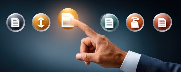 Fototapeta premium Business hand touches central document icon among floating workflow icons and digital tools