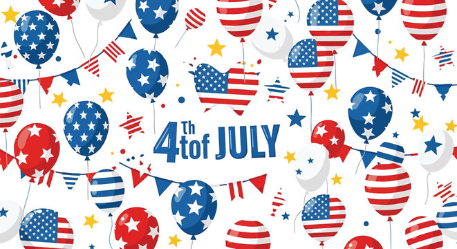 4th of july patriotic background with american flag balloons and banners on white