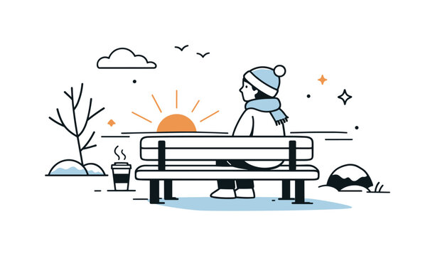 Low winter sunlight. A minimal outdoor bench scene touched by low sunlight, suggesting pause and calm during a cold day. Gentle shadows