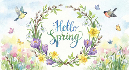 Fototapeta premium Watercolor spring wreath with crocuses, daffodils, snowdrops, birds, and butterflies. Hand-drawn floral illustration with Hello Spring lettering for greeting cards and seasonal decor