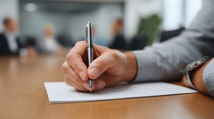 A hand with a pen adding a signature to a document in a business meeting room
