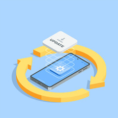 Isometric vector smartphone and arrows in a circle, in color on a blue background, updating the operating system or applications
