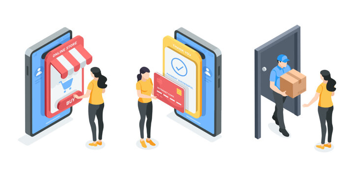 An isometric vector illustration of women buying goods in an online store on  smartphone screen and paying for it with card, and courier delivering the order to her home, in color on white background