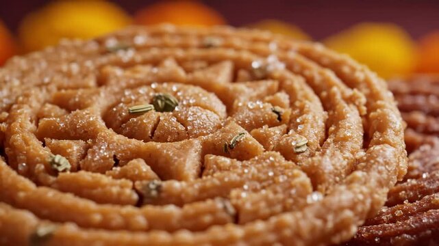 Delicious traditional Indian sweets made from gram flour and sugar, beautifully shaped in spiral patterns with cardamom and sugar crystals.