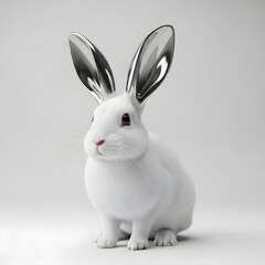 Obraz premium Adorable White Fluffy Rabbit with Reflective Metallic Chrome Ears