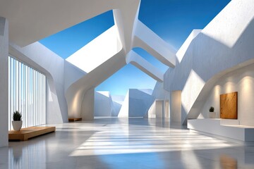 Naklejka premium Interior of a modern white concrete building with dramatic arches, skylights, and blue sky