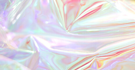 Iridescent holographic foil texture with pastel colors and flowing light for abstract background