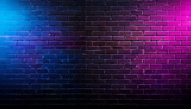 Black Brick Wall Background With Neon Lighting Effect Pink Purple And Blue Glowing Lights On Empty Brick Wall Background