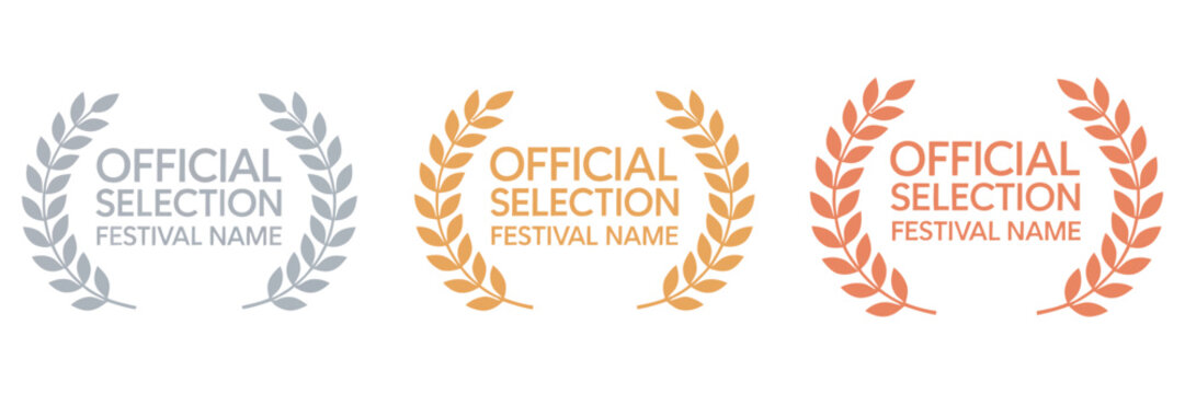 Film movie award vector set, winner wreath, laurel festival icons, cinema star, gold award logo, celebrity prize, entertainment reel, olive branch, emblem