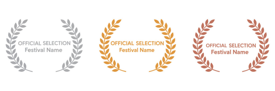 Film movie award vector set, laurel festival winner wreath, best cinema star icon, gold logo, celebrity prize, academy entertainment, reward emblem, olive palm