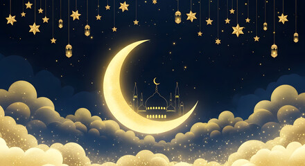 A serene night sky filled with a glowing crescent moon and twinkling stars above fluffy clouds. Vector