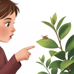 Child with surprised mood pointing at insect on green leaf illustration on white background