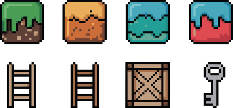 Pixel art game asset illustration featuring grass soil block, sand terrain, water cube, lava block, ladders, wooden crate, and silver key for 2D platformer design