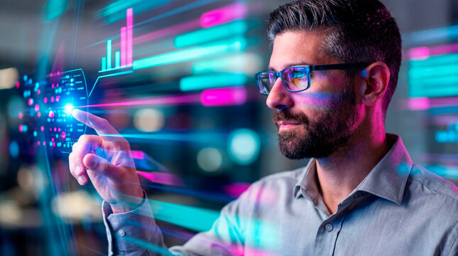 Business analyst reviewing key performance indicators on an interactive digital dashboard