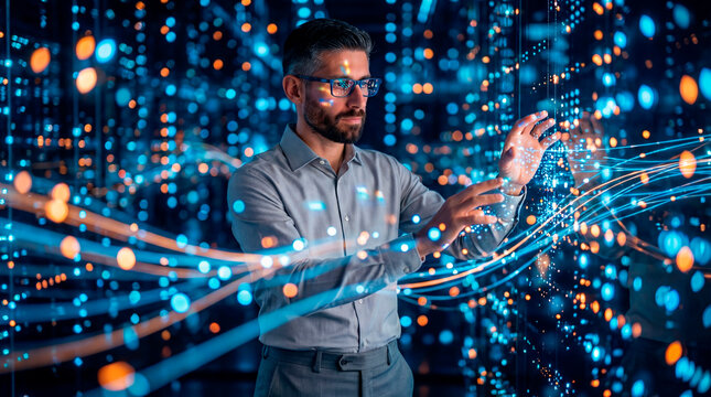 Technology data analyst interacting with digital information streams