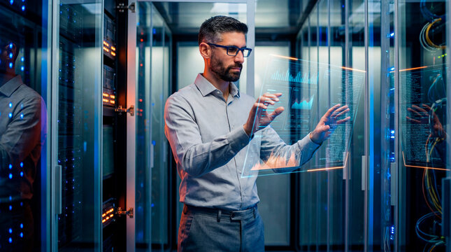 IT specialist operating digital analytics interface inside data center