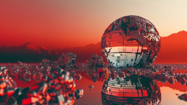 Perfect geometric sphere in surreal 3D environment, futuristic landscape with reflective surface symbolizing technology, digital transformation, sci-fi world and creative abstraction
