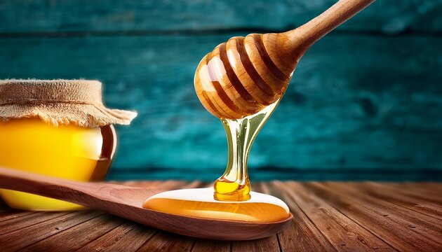 Oligarchy Golden Honey Dripping From A Wooden Spoon Against A Natural Wood Background Menu Design Packaging Mockups Designed For Culinary Blogs And Recipe Cards For Restaurants