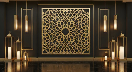 Intricate black and white wall art displayed in a modern art gallery with ambient lighting Vector