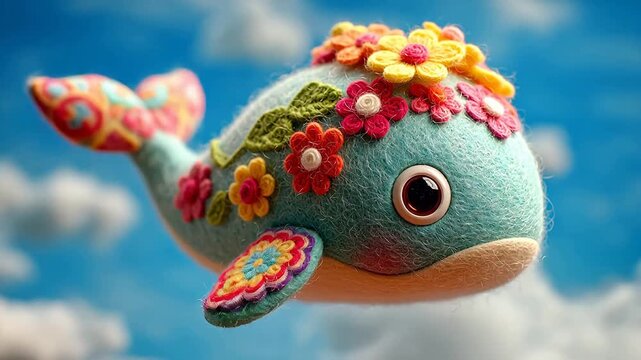 Colorful felt whale with floral decorations
