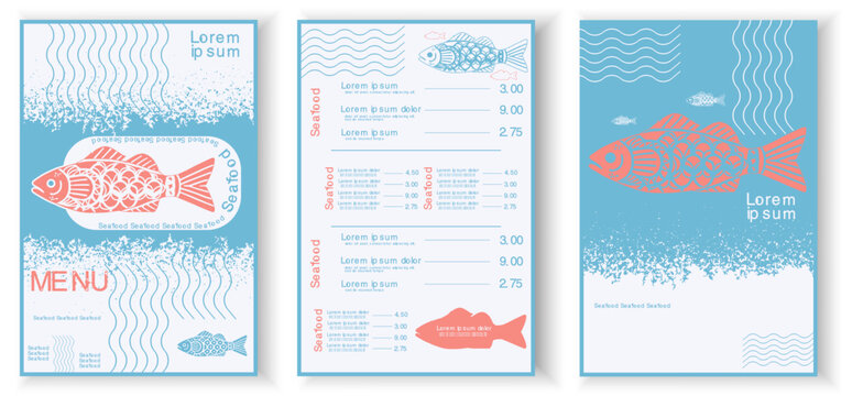 Seafood restaurant menu design fish coral and blue color palette, abstract wavy patterns. Template, ocean  card background front and back sheet design for mediterranean cuisine, fish market, bistro