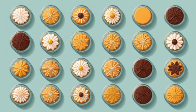  flat illustration of six different Indonesian Lebaran cookies inside clear round jars, arranged neatly