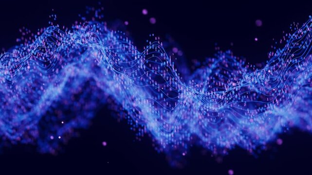 Futuristic technology binary digital wave motion with cloud data points. Cyberspace AI data flow concept. Abstract digital wave with moving numbers. Big data analysis animation.