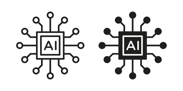 AI processor chip icon in black solid style. linear symbol.